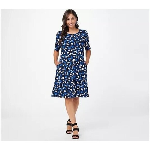 Susan Graver Print or Solid Liquid Knit Fit & Flare Dress Geo XX-Small - Picture 1 of 1